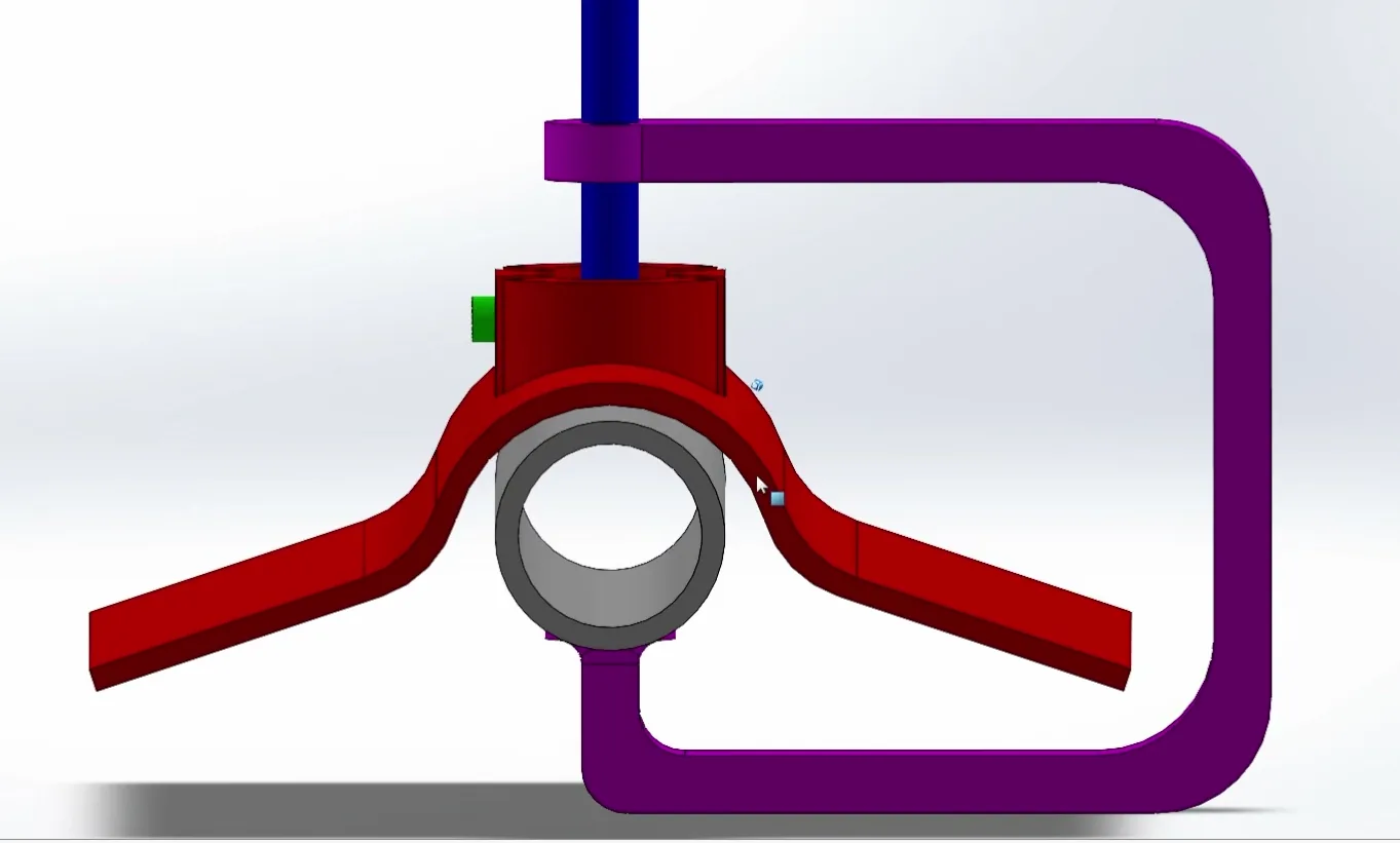 A CAD assembly: a red two-armed clamp head mounted on a purple C-clamp, its arms straddling a grey round bar.