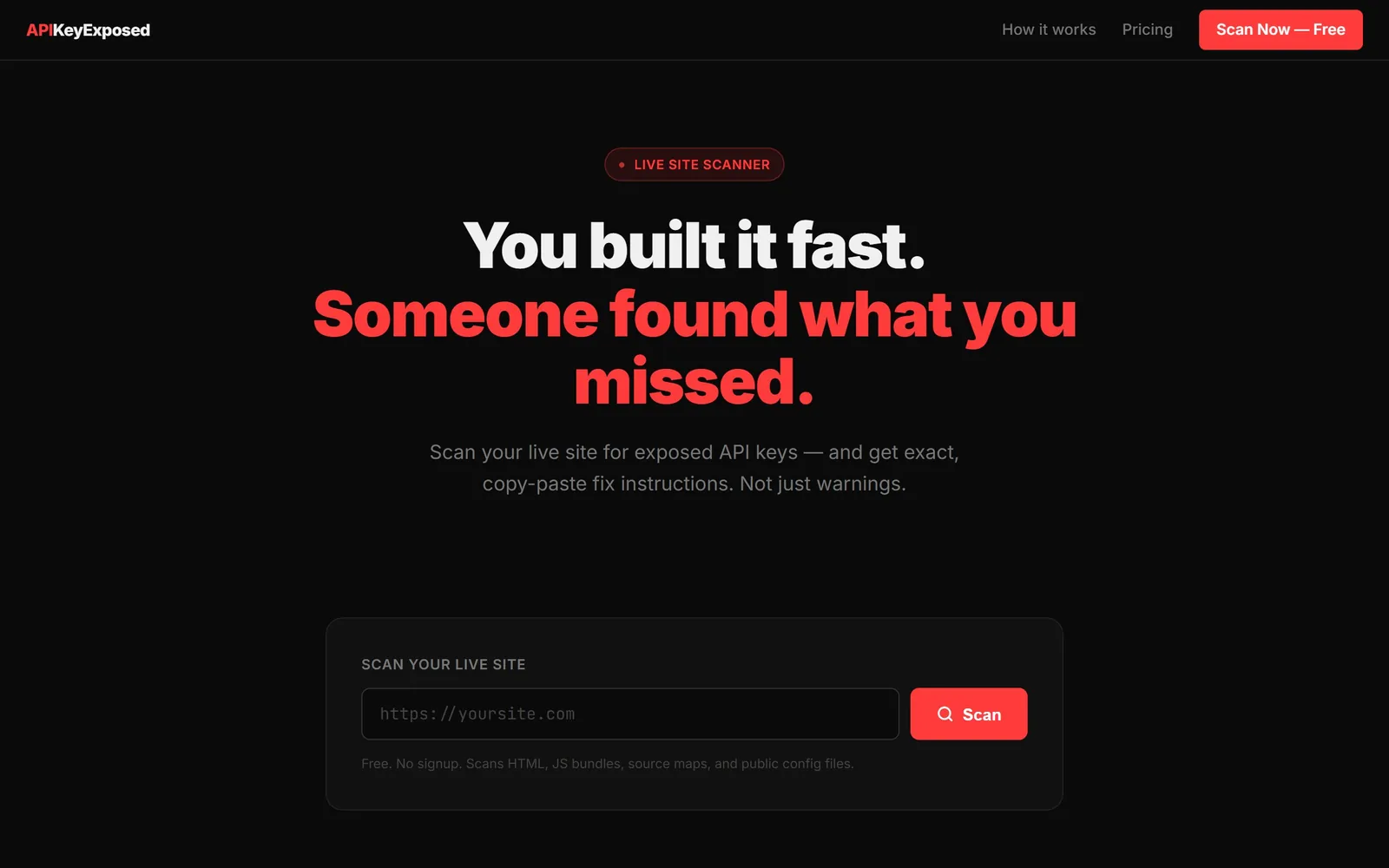 The apikeyexposed.com home page as it renders today.