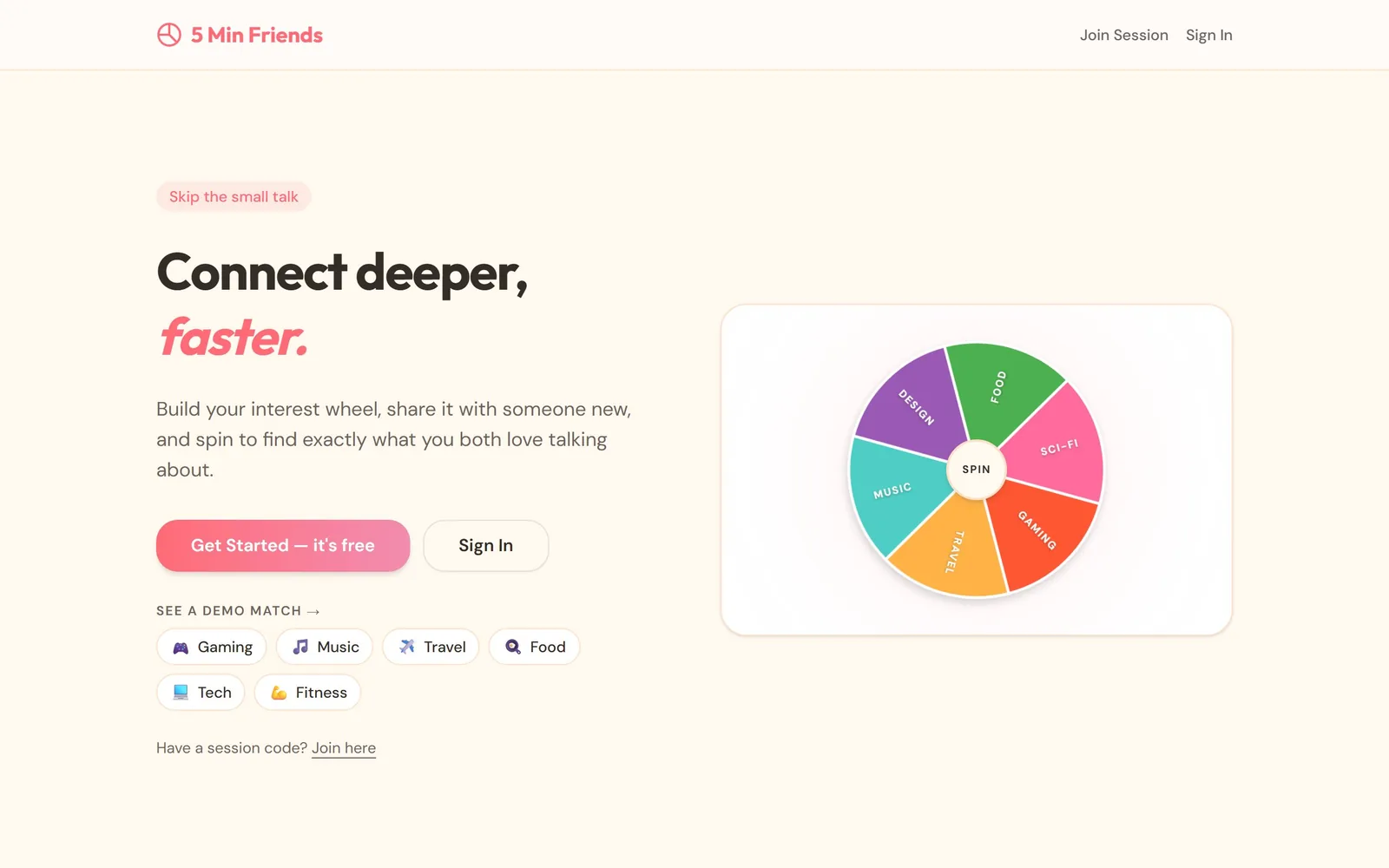 The 5 Minute Friendship Method (Interest Spinner) home page as it renders today.