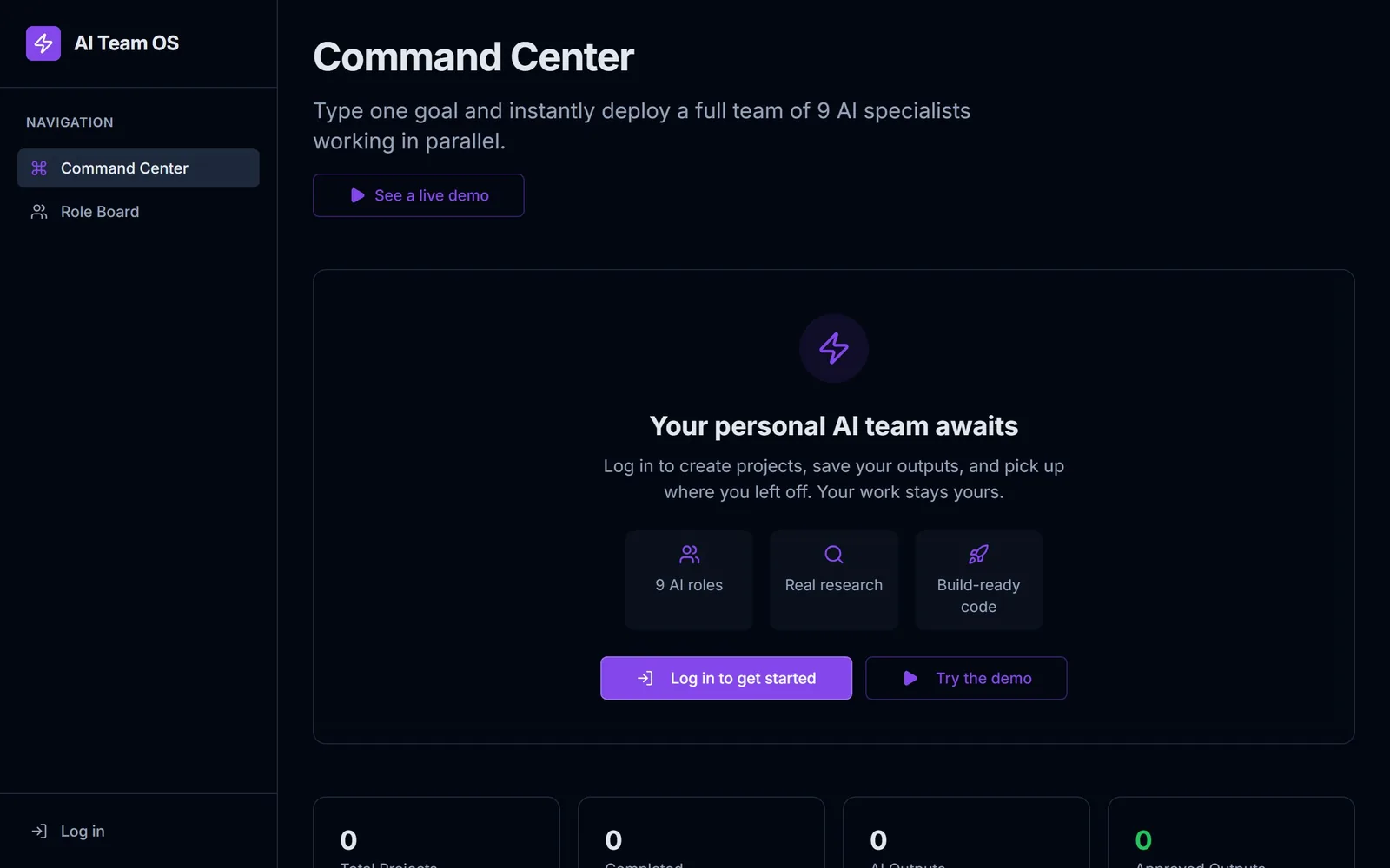 The AI Team OS home page as it renders today.