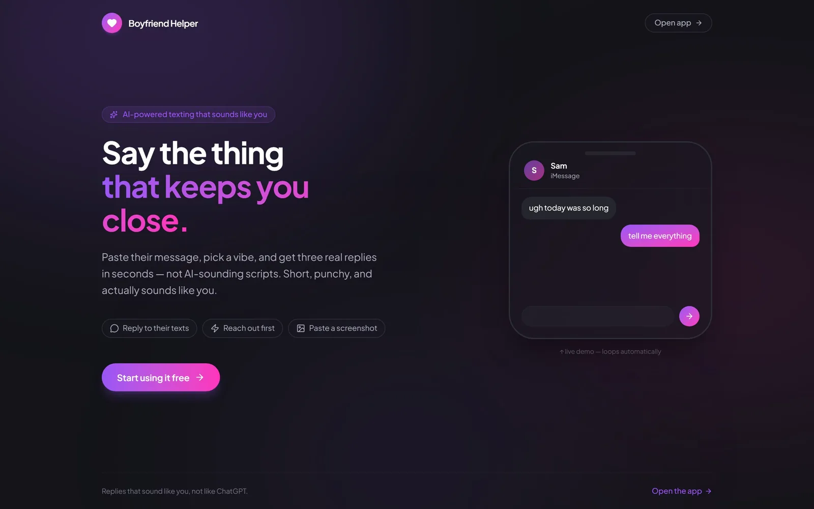 The Boyfriend Helper home page as it renders today.