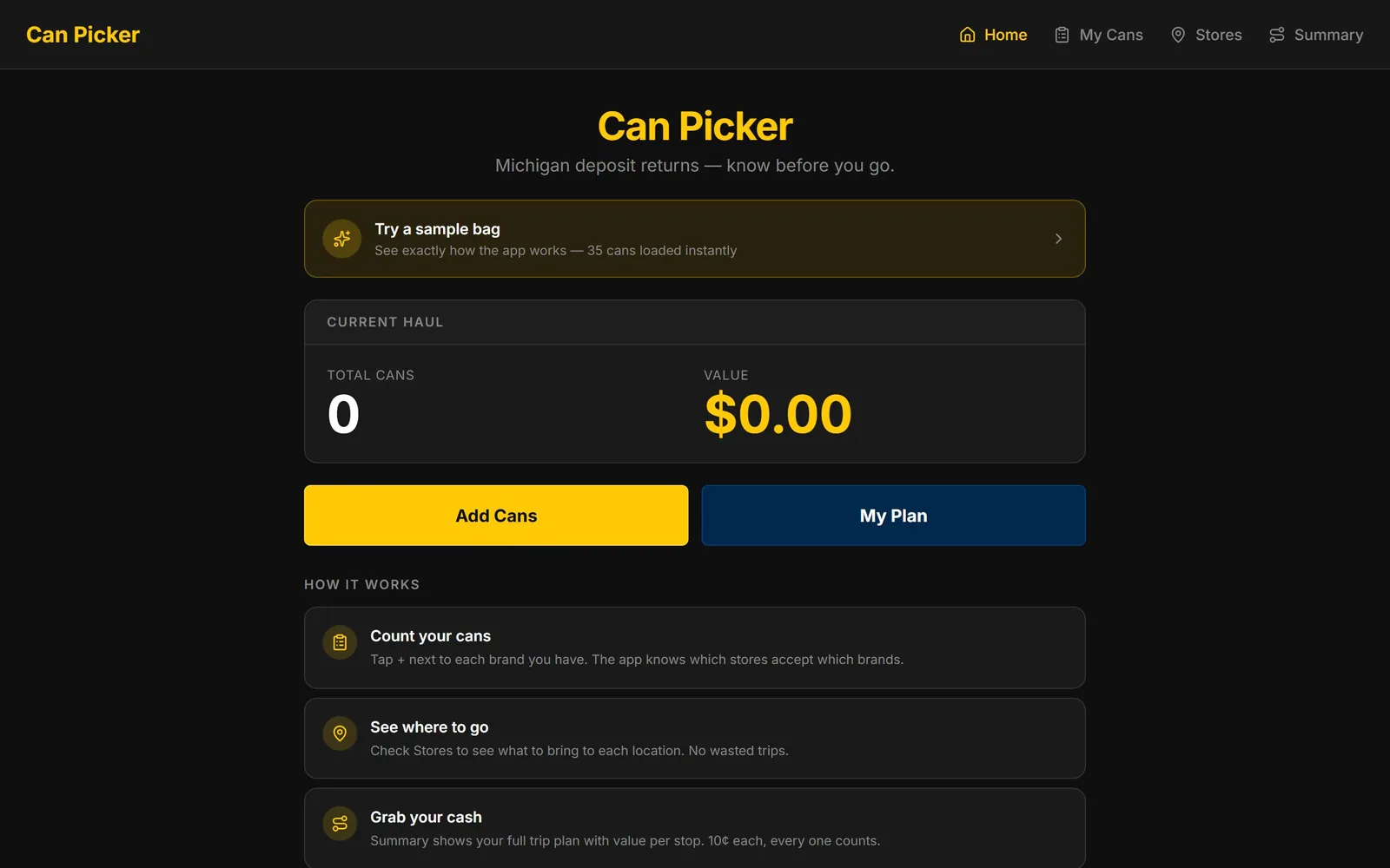The Can Picker home page as it renders today.
