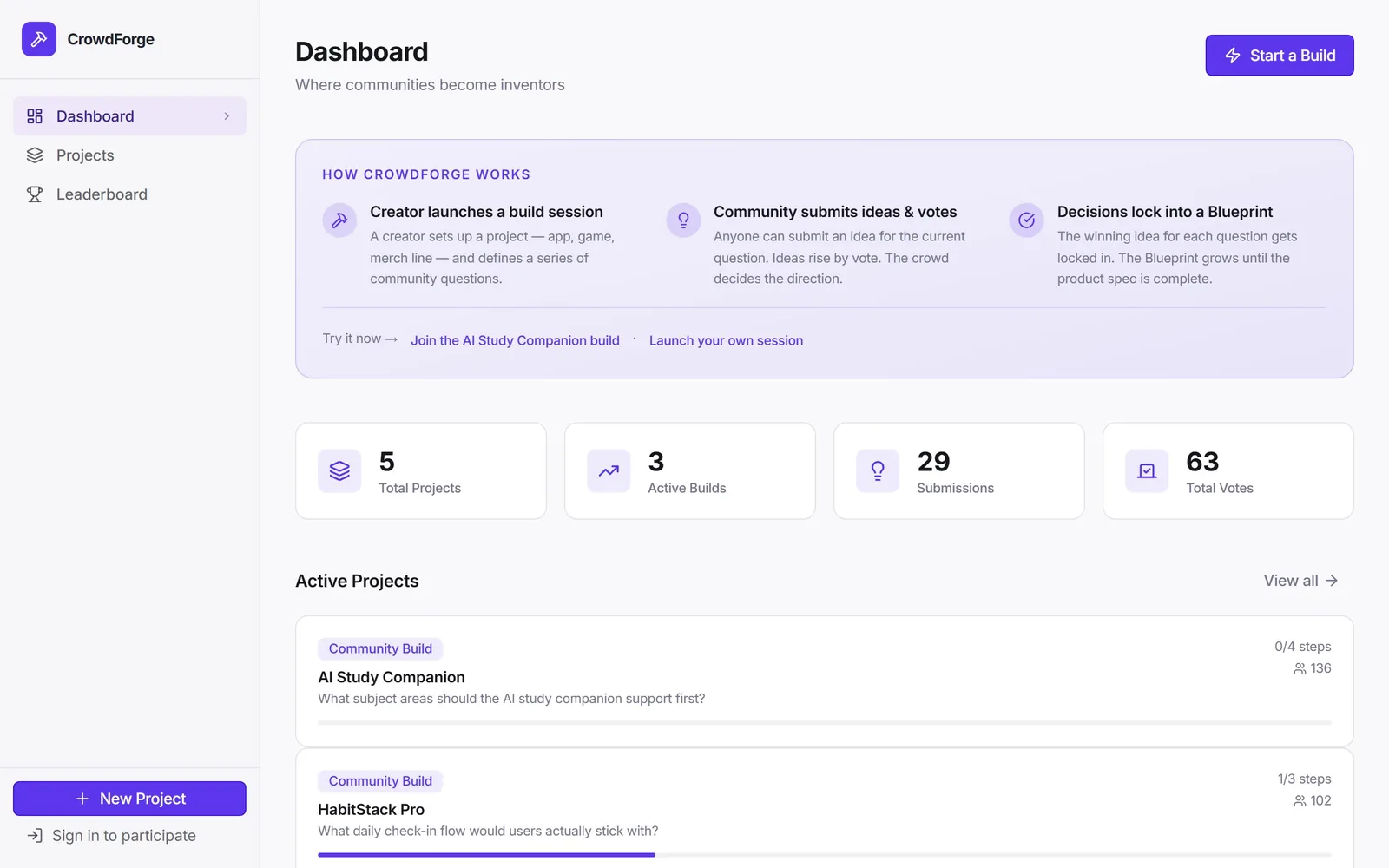The Crowd Forge home page as it renders today.