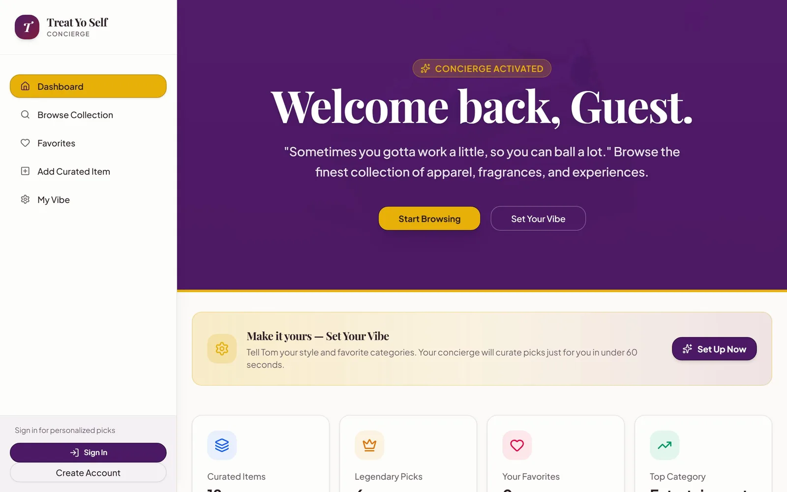 The Happy Place variant / Hobby App Creator ("Treat Yo Self") home page as it renders today.