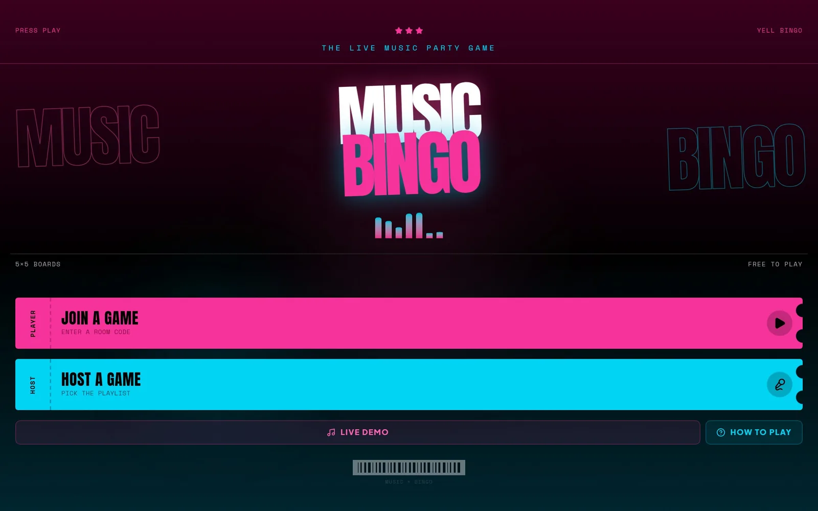 The Music Bingo home page as it renders today.