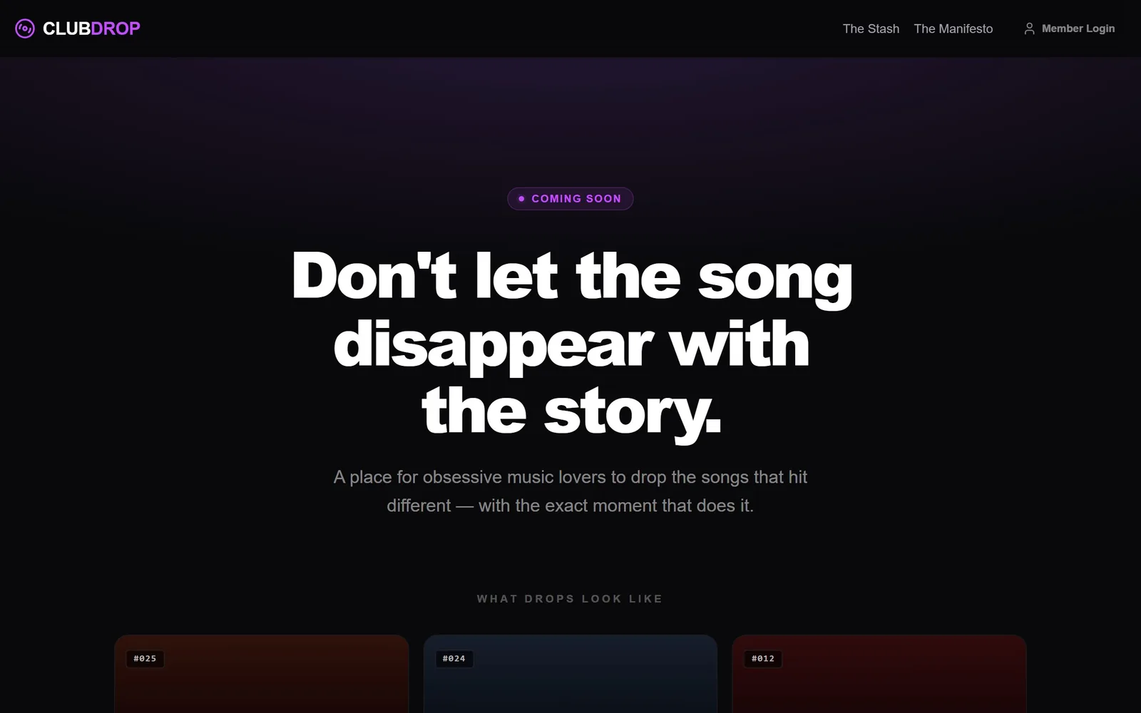 The Music Drop System (CLUBDROP) home page as it renders today.