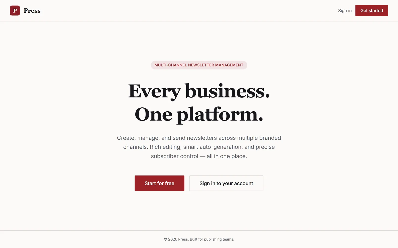 The Newsletter Hub home page as it renders today.