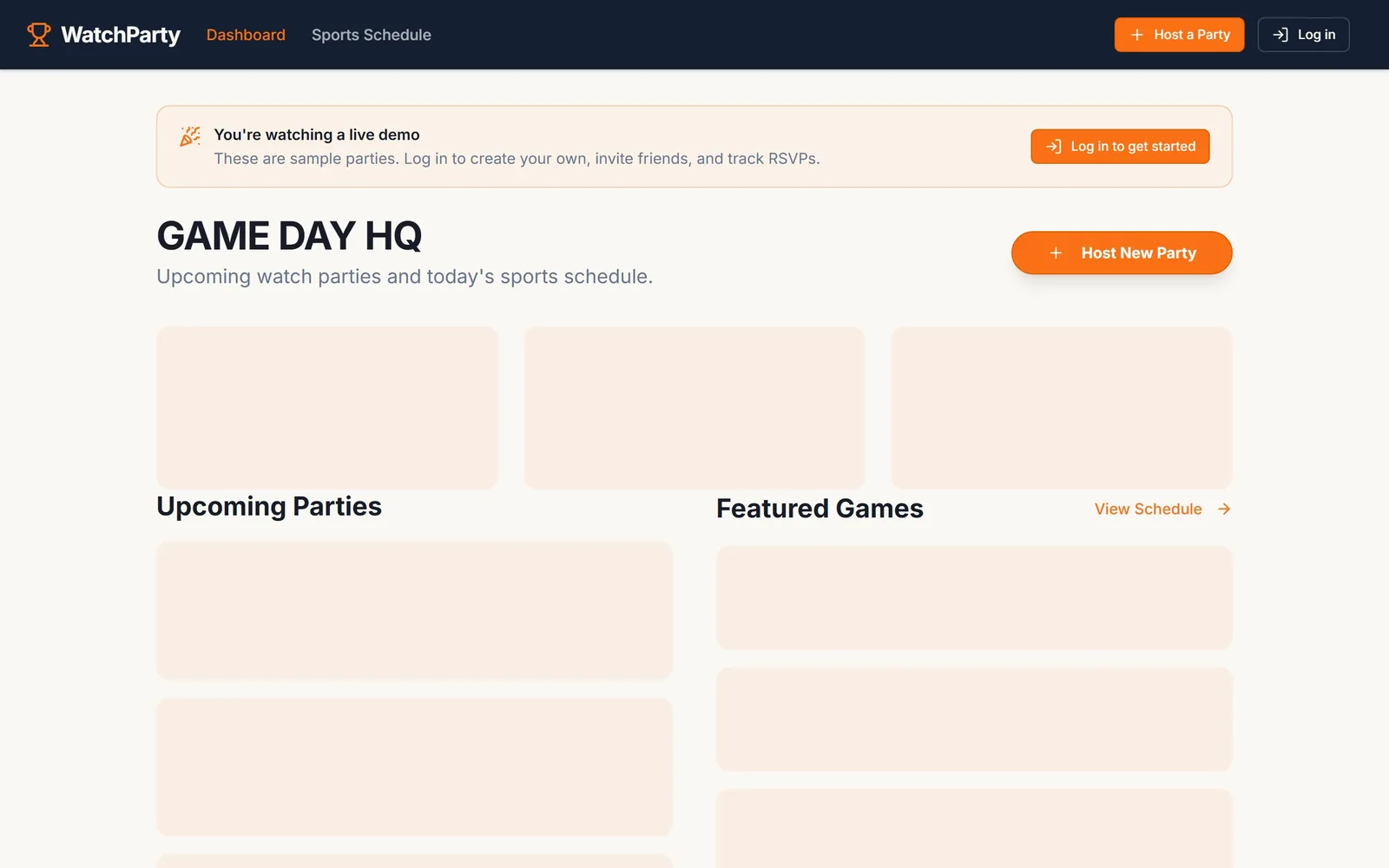 The Party Planner Connect (Watch Party Planner) home page as it renders today.