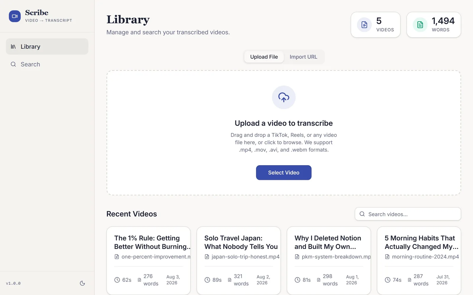The Video Transcriber (Scribe) home page as it renders today.