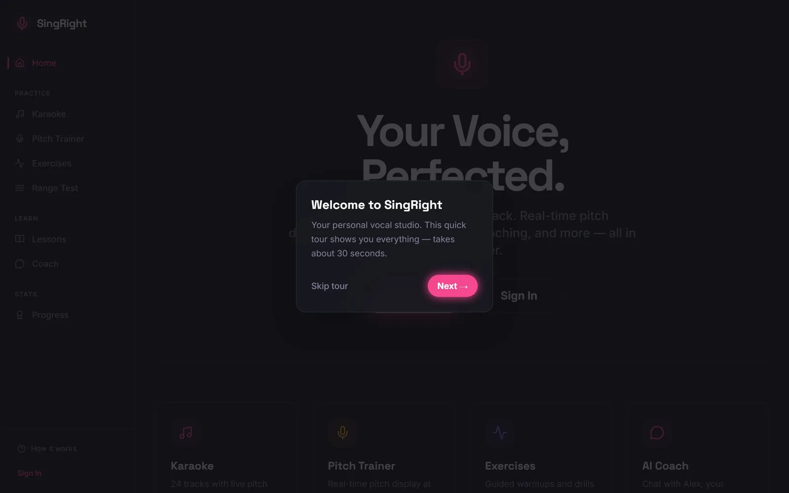 The Vocal Coach home page as it renders today.
