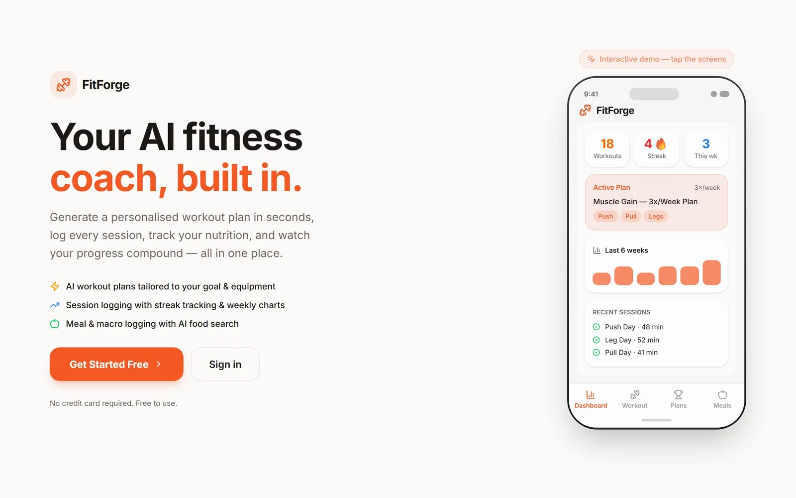 The Workout Planner Pro (FitForge) home page as it renders today.