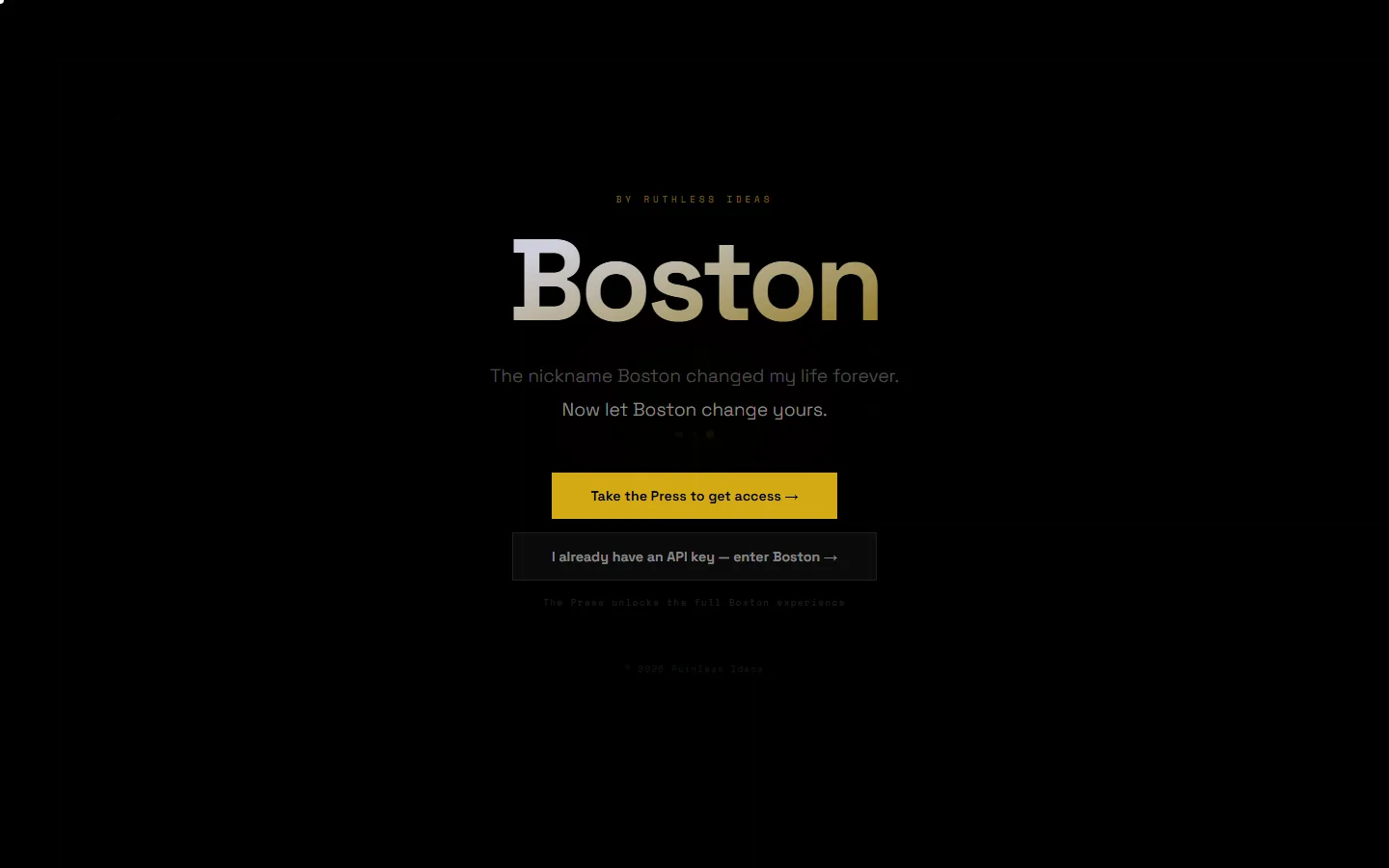 The Boston home page: a near-black layout with the word Boston set large in cream, above a gold button.