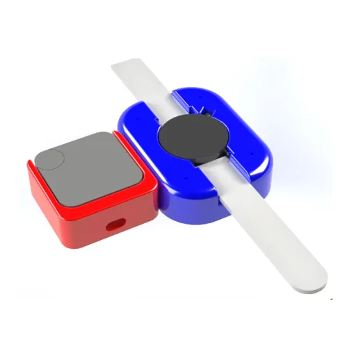 A blue and red rendered stand cradling a watch and an earbud case.
