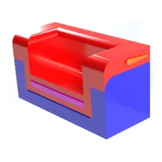 A red and blue stacked seating concept rendered on white.