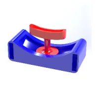A blue curved base with a red T-shaped handle standing in its groove.