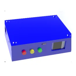 A blue rendered instrument body with a screen and three coloured buttons.
