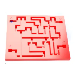 A red plate cut with a winding maze channel, rendered on white.