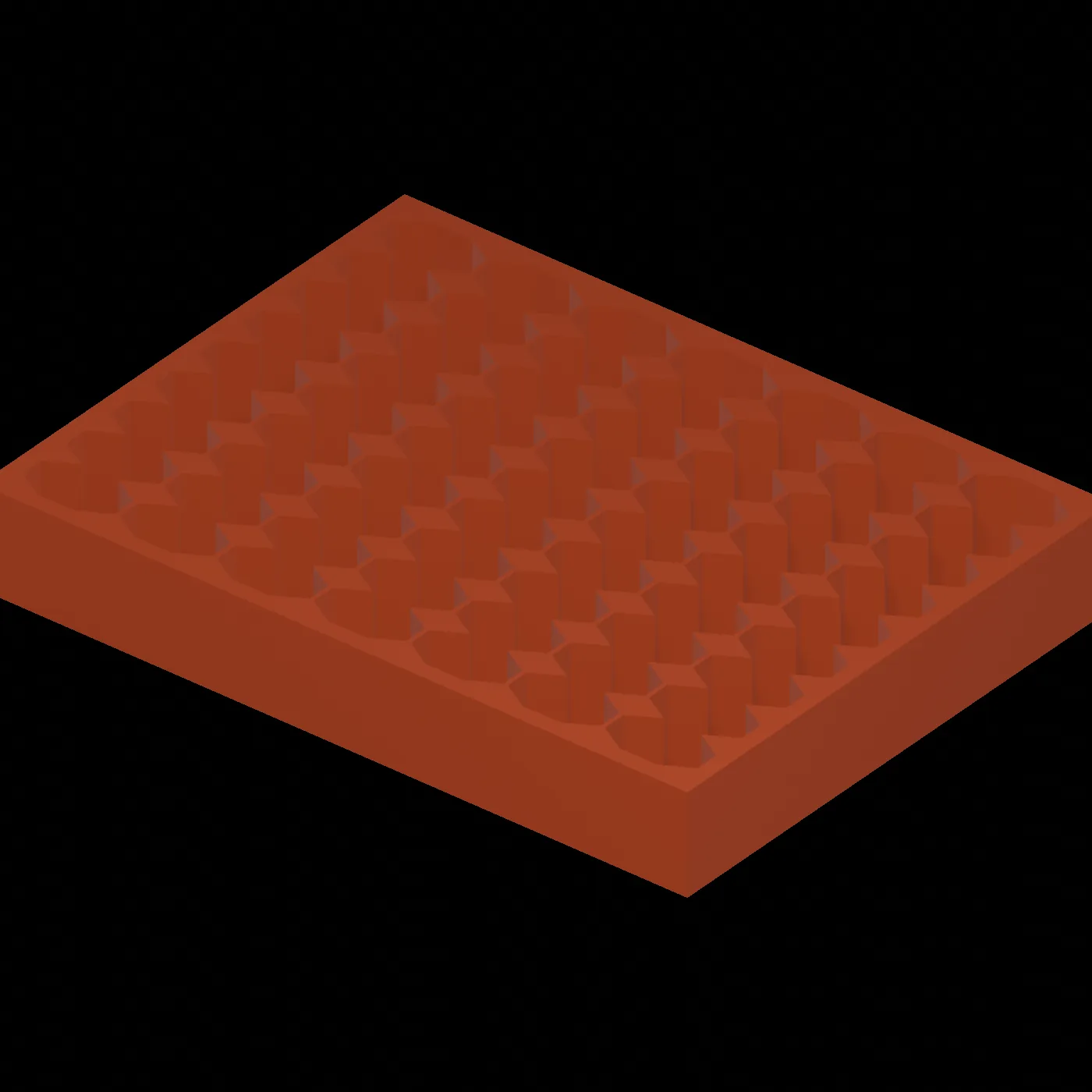 A rust-orange printed tray seen from above, its surface a grid of bottle pockets.