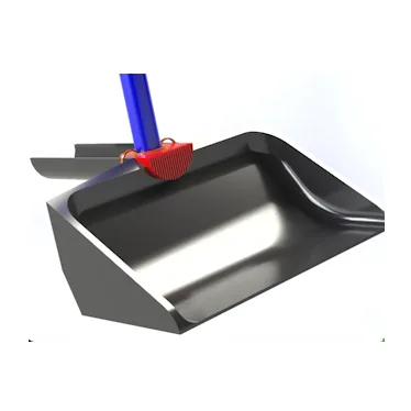 A rendered grey dustpan with a red clip on its top edge gripping a blue broom handle.