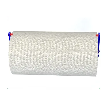 A paper towel roll on a slim rendered holder, on white.