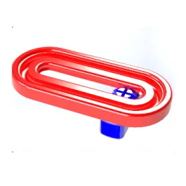 A red racetrack-shaped closed loop rendered on white, with a blue carriage inside the channel.