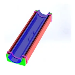 A long hinged red and blue mould rendered on white.