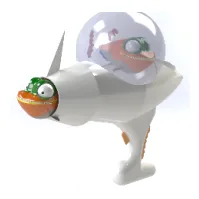 A rendered toy craft with a domed canopy and a character inside.