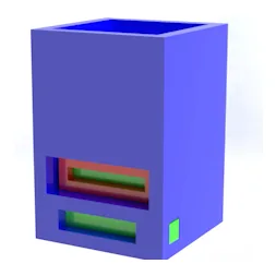 A tall blue and purple rendered housing with coloured internals visible through an opening.