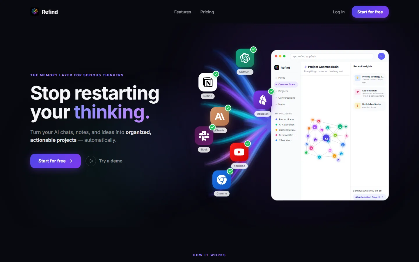 The Refind home page: dark layout with the headline 'Stop restarting your thinking' beside a screenshot of a project workspace.