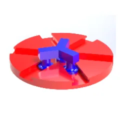 A red disc split into rotating segments around a blue hub, rendered on white.