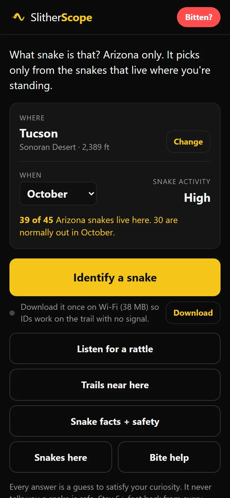 SlitherScope on a phone: Tucson picked, October, snake activity High, Identify a snake.