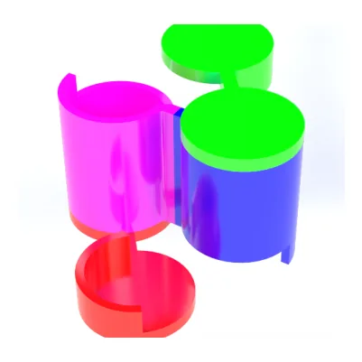 Two rendered cylindrical vessels in green and blue beside a magenta cup and a red base.