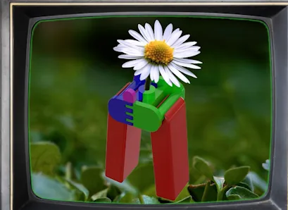 A daisy held upright in a red and green rendered clip, against a green field.