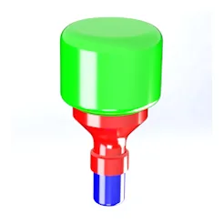 A green cylindrical vessel over a red funnel and blue spout, rendered on white.