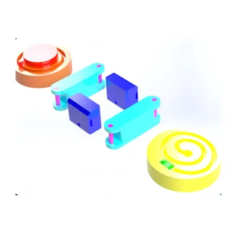 Three rendered pocket mechanisms in orange, blue and yellow laid out together.