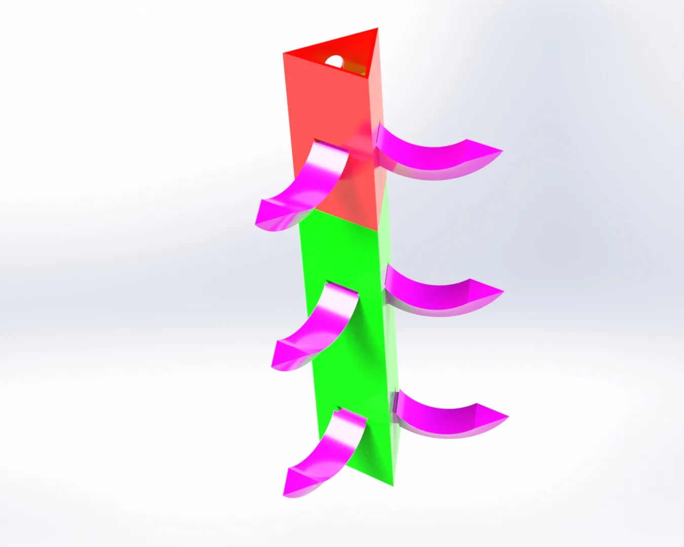 A rendered green and magenta hanger with three staggered arms rising up a central spine.